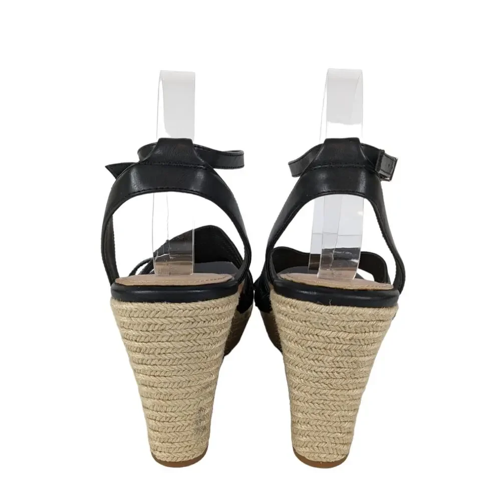 Torrid Womens Espadrille Heels 11 Strappy Jute Wedge Heels Black Straps Sandals